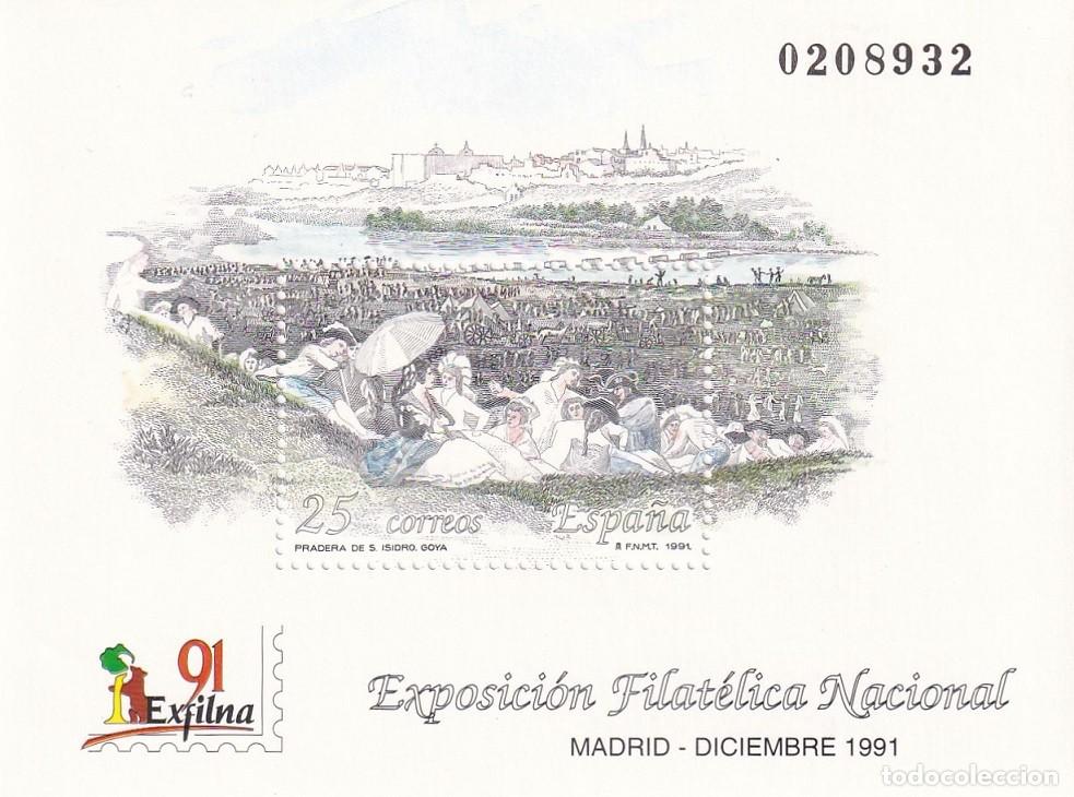Sellos: HB Hojita Bloque Edifil N&ordm; 3145 - Exfilna 91 Madrid 1991 - Pradera de S. Isidro Goya - Exposici&oacute;n Fi
