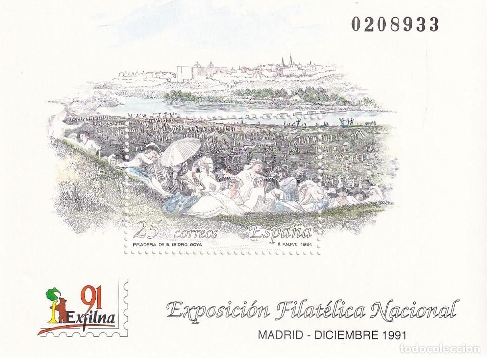Sellos: HB Hojita Bloque Edifil N&ordm; 3145 - Exfilna 91 Madrid 1991 - Pradera de S. Isidro Goya - Exposici&oacute;n Fi