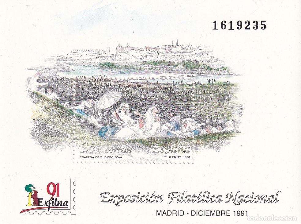 Sellos: HB Hojita Bloque Edifil N&ordm; 3145 - Exfilna 91 Madrid 1991 - Pradera de S. Isidro Goya - Exposici&oacute;n Fi