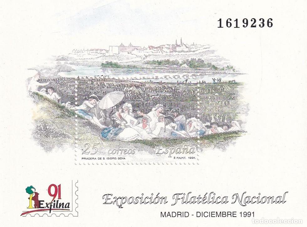 Sellos: HB Hojita Bloque Edifil N&ordm; 3145 - Exfilna 91 Madrid 1991 - Pradera de S. Isidro Goya - Exposici&oacute;n Fi