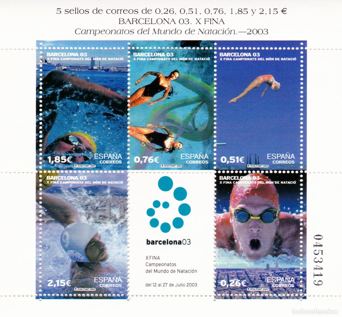 Sellos: SELLOS 2003 - Campeonatos del Mundo de Nataci&oacute;n Barcelona - Sh3991, a,b,c- hojita con 5 (NUEVOS)