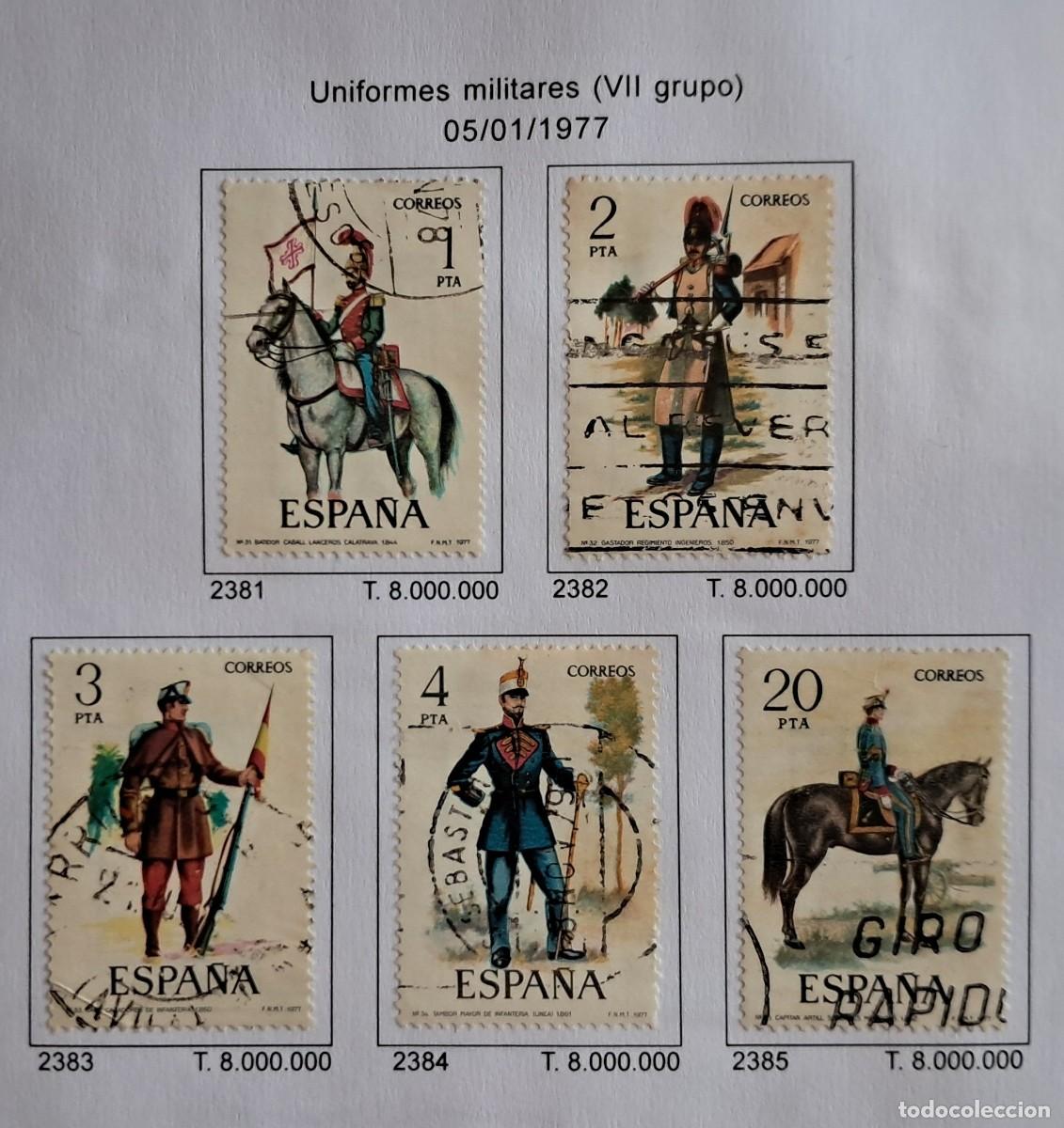 Sellos: serie completa sellos de Espa&ntilde;a usados, uniformes militares, grupo VII, edifil 2381-85, a&ntilde;o 1977