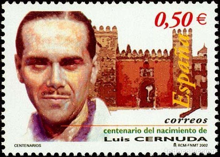 Sellos: Espa&ntilde;a 2002 Edifil 3894 Sello ** Centenario Lu&iacute;s Cernuda Retrato del poeta y Puerta del Leon