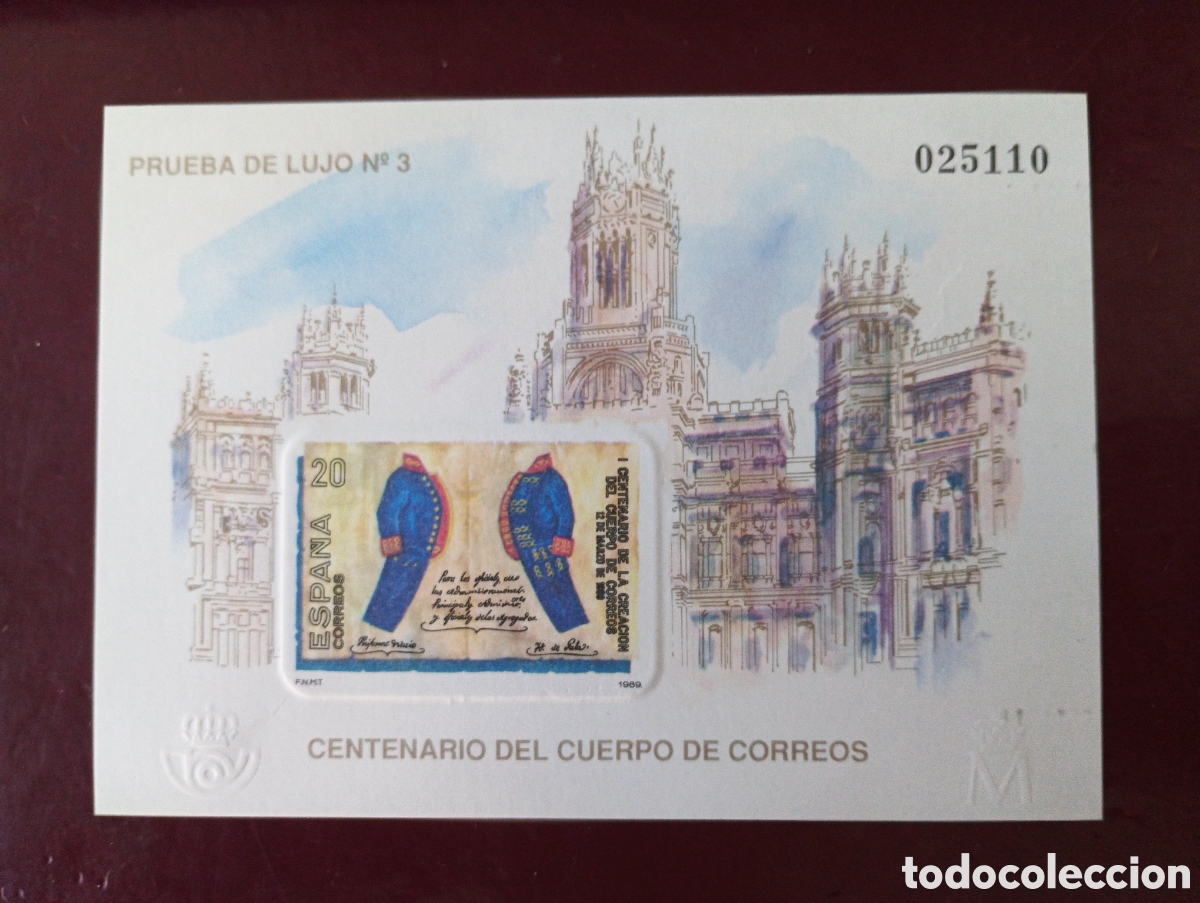 Sellos: SELLOS ESPA&Ntilde;A MNH 1989 PRUEBA DE LUJO NUM 18 HOJITA SIN DENTAR CENTENARIO DEL CUERPO DE CORREOS