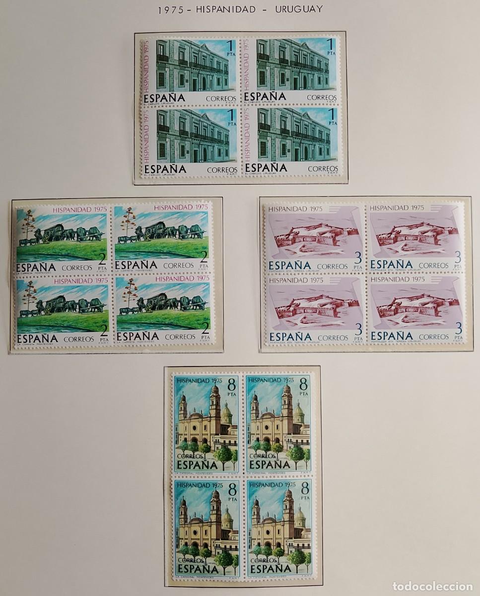 Briefmarken: Sellos en bloque de 4. Edifil 2293/96. Hispanidad. Uruguay (IV Serie). A&ntilde;o 1975.