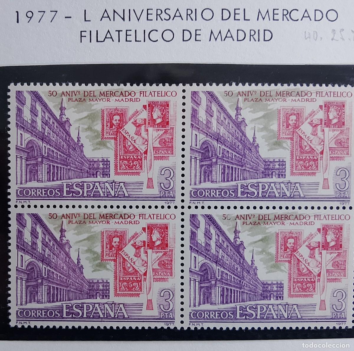 Selos: Sellos en bloque de 4. Edifil 2415. L Aniversario del Mercado Filat&eacute;lico de la Plaza Mayor de Madrid