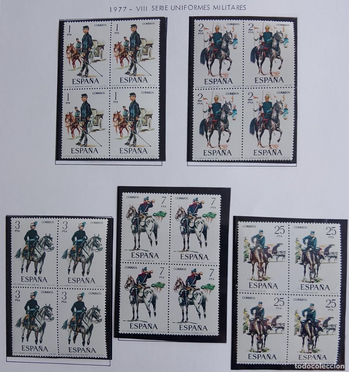 Briefmarken: Sellos en bloque de 4. Edifil 2423/27. Uniformes Militares (VIII Serie). A&ntilde;o 1977.