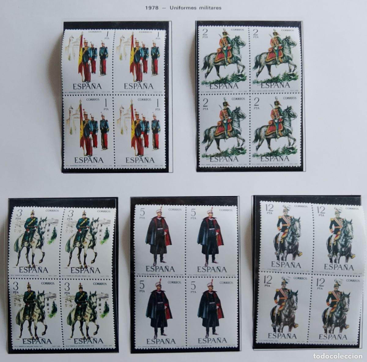 Timbres: Sellos en bloque de 4. Edifil 2451/55. Uniformes Militares (IX Serie). A&ntilde;o 1978.