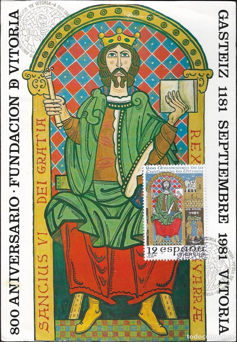 Sellos: FUNDACION DE VITORIA ALAVA 800 ANIVERSARIO 1981 (EDIFIL 2625) EN TARJETA MAXIMA PRIMER DIA