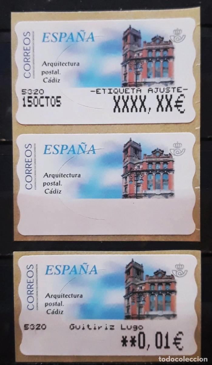 Sellos: ESPA&Ntilde;A ATM ARQUITECTURA POSTAL C&Aacute;DIZ. PAREJA AJUSTE Y BLANCA + V. MIN CON NOMBRE OFICINA LUGO. MNH
