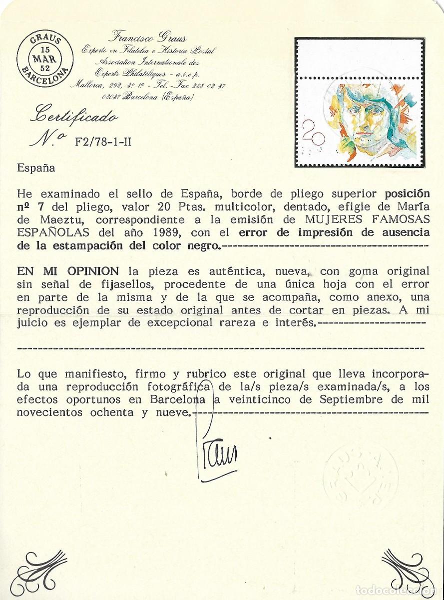 Sellos: Sello Edifil 2989. Maria de Maeztu. Error de Impresi&oacute;n. Ausencia de estampaci&oacute;n. Certificado Graus.