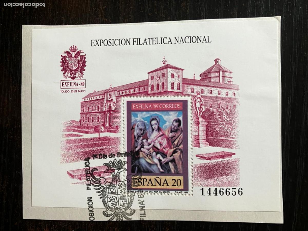 Sellos: Exfilna 89 Toledo - HB Hojita bloque 1989 - Usada matasellos primer d&iacute;a - Edifil 3012