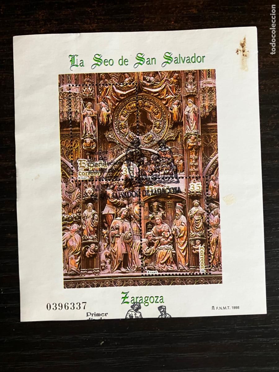 Sellos: Seo San Salvador Zaragoza - HB Hojita bloque 1998 - Usada matasellos primer d&iacute;a - Edifil 3595