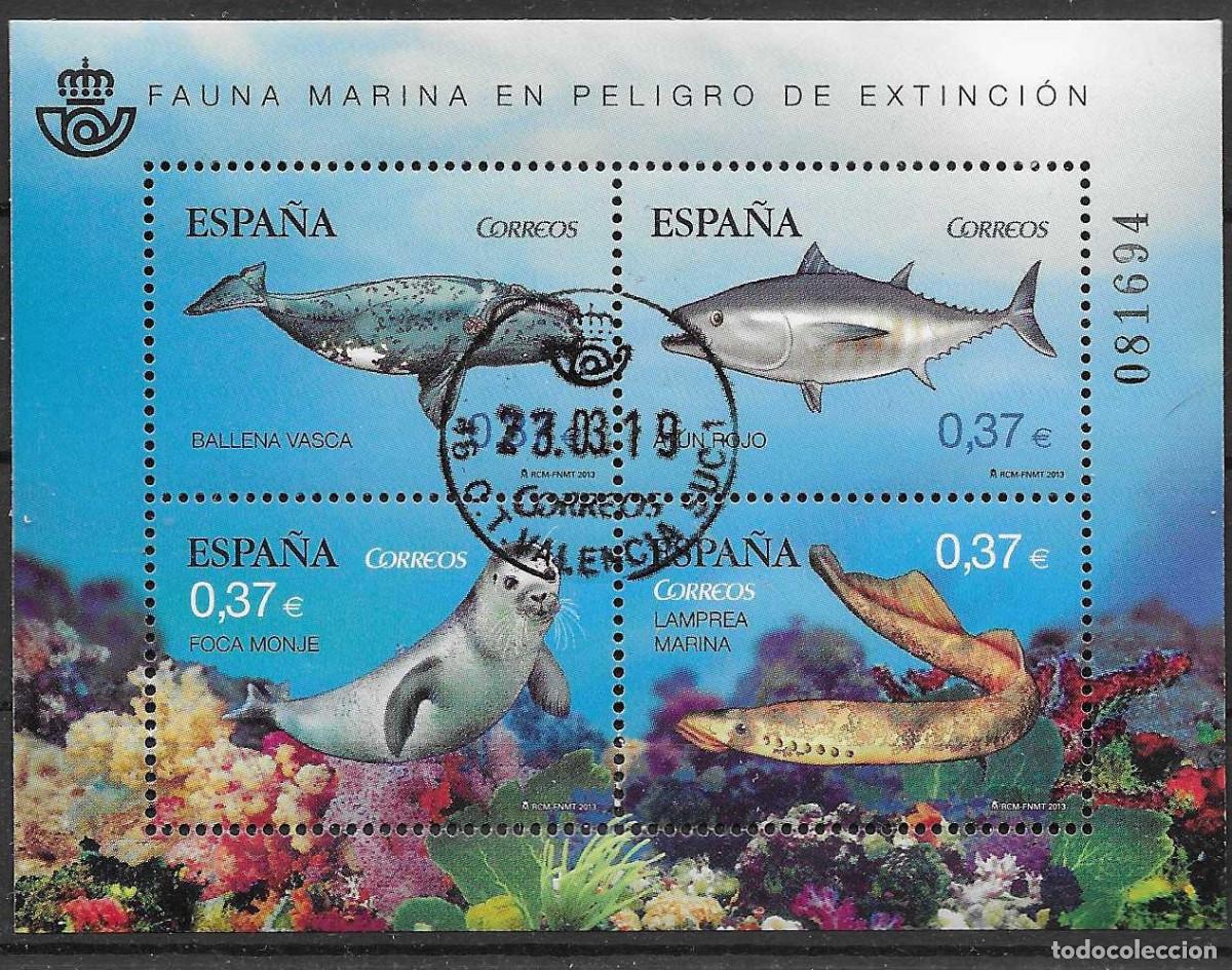 Sellos: Hoja bloque usada de Espa&ntilde;a de 2013. Tema fauna marina