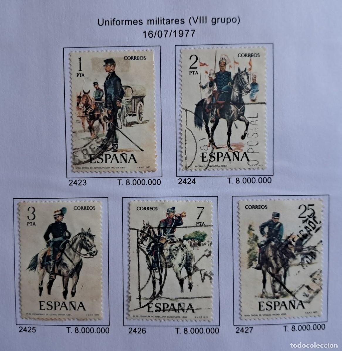 Sellos: serie completa de sellos de Espa&ntilde;a usados, uniformes militares, grupo VIII, edifil 2423-27, a&ntilde;o 1977