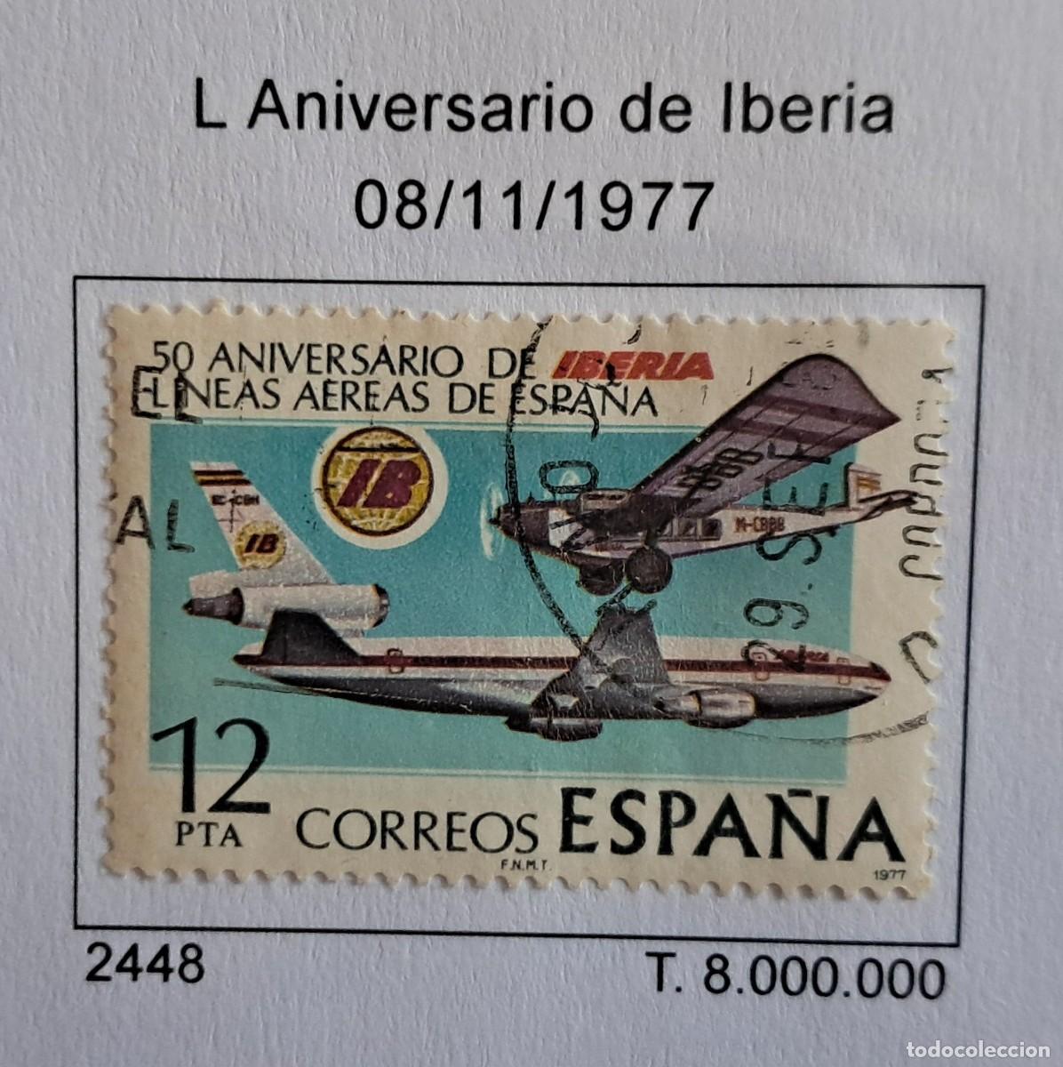 Sellos: sello de Espa&ntilde;a usado, L aniversario de Iberia, transporte a&eacute;reo, edifil 2448, a&ntilde;o 1977.