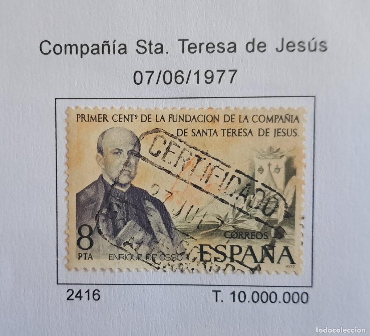 Sellos: sello de Espa&ntilde;a usado, centenario compa&ntilde;ia Santa Teresa de Jes&uacute;s, edifil 2416, a&ntilde;o 1977.