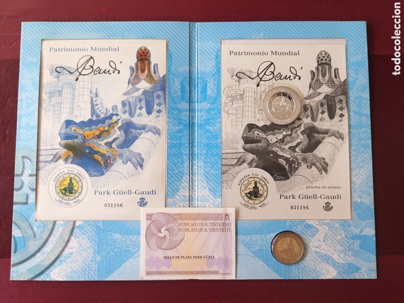Sellos: CARPETA OFICIAL ESPA&Ntilde;A 2014 FNMT- CORREOS. PARQUE GUELL GAUD&Iacute;. HOJITA, PRUEBA EN PLATA Y MONEDA 2&euro;.