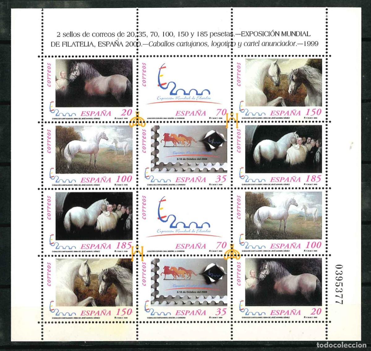 Sellos: Espa&ntilde;a 1999. Minipliego 67. Caballos cartujanos. Edifil 3679/84A** MNH- R89