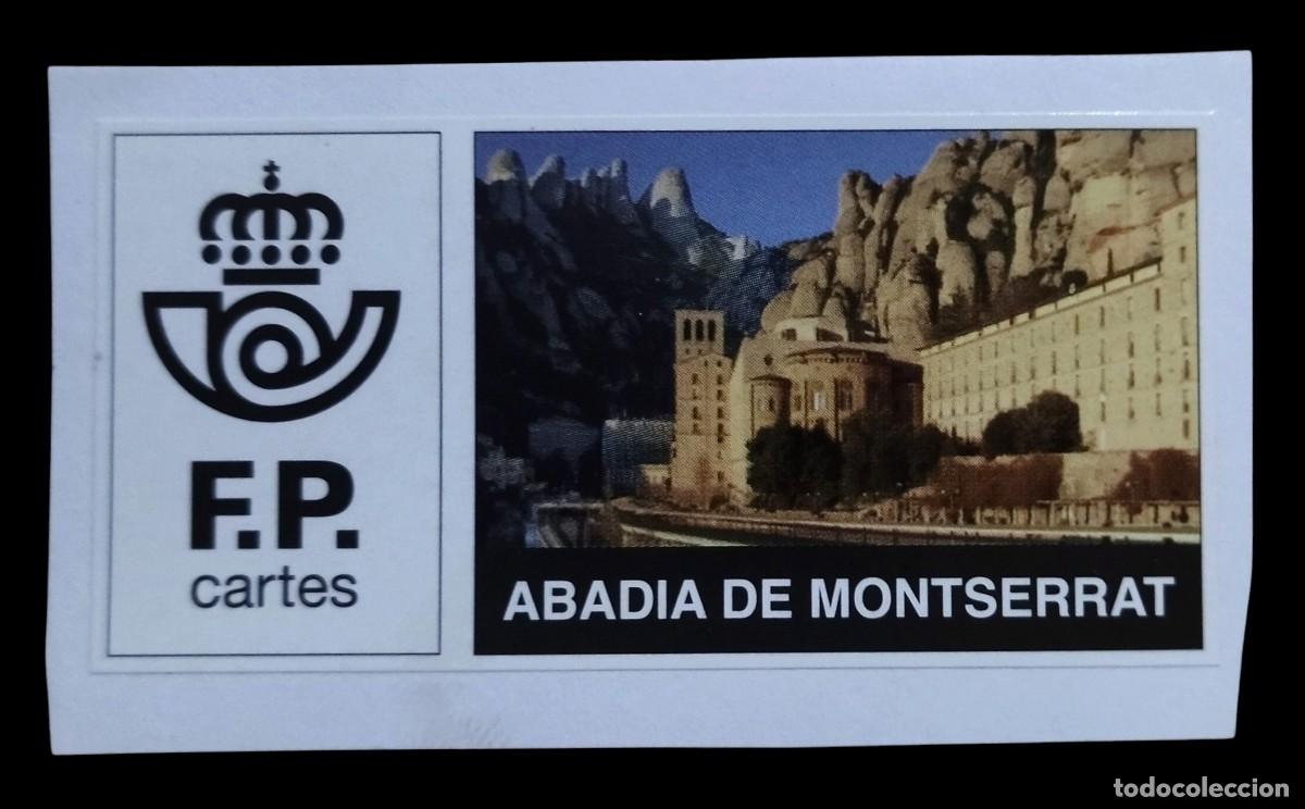 Sellos: ESPA&Ntilde;A 2002 FRAGMENTO CON ETIQUETA CORREOS FRANQUEO PAGADO F.P. CARTES - ABADIA DE MONTSERRAT. USADO