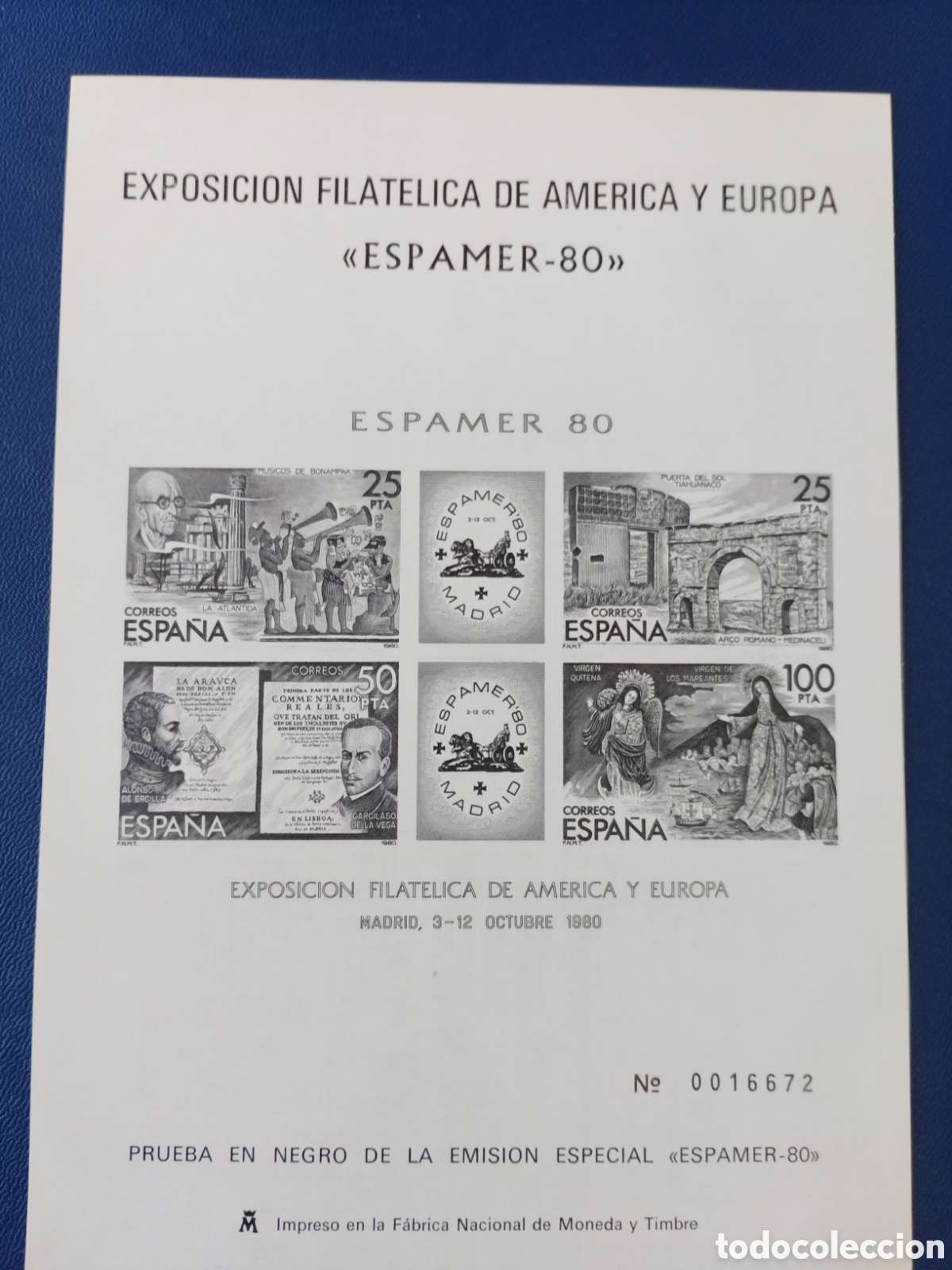 Selos: SELLOS ESPA&Ntilde;A MNH 1980 PRUEBA LUJO HOJITA SIN DENTAR EXPO AMETICA Y EUROPA ESPAMER 80