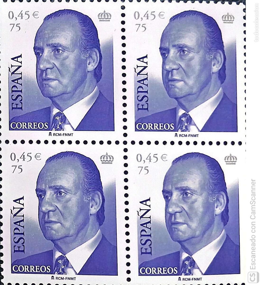 Sellos: Espa&ntilde;a. 3494 S. M. Don Juan Carlos I, en bloque de cuatro. 2001. Sellos nuevos y numeraci&oacute;n Yvert