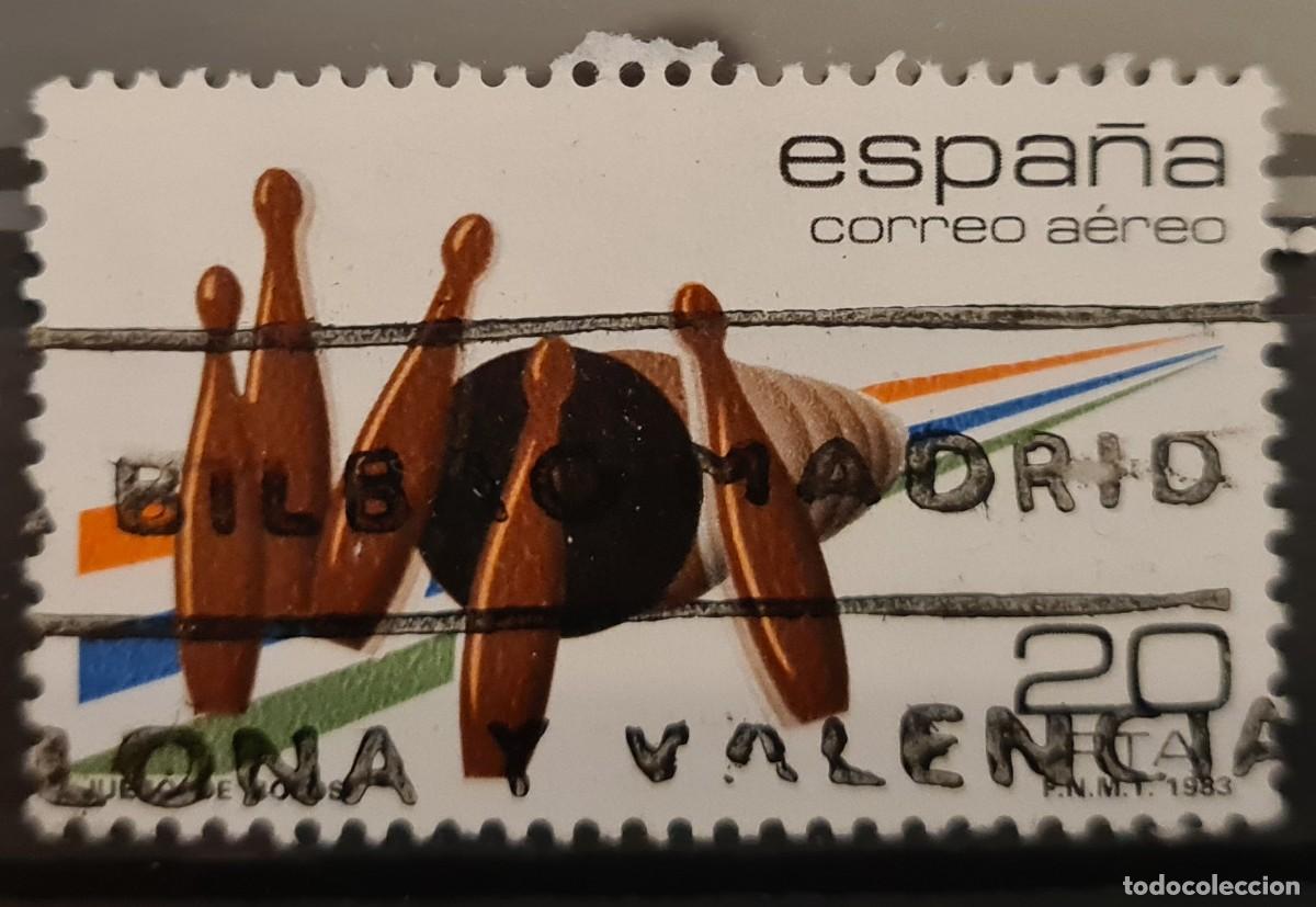 Briefmarken: Sello a&eacute;reo usado de Espa&ntilde;a 1983. Deportes: bolos
