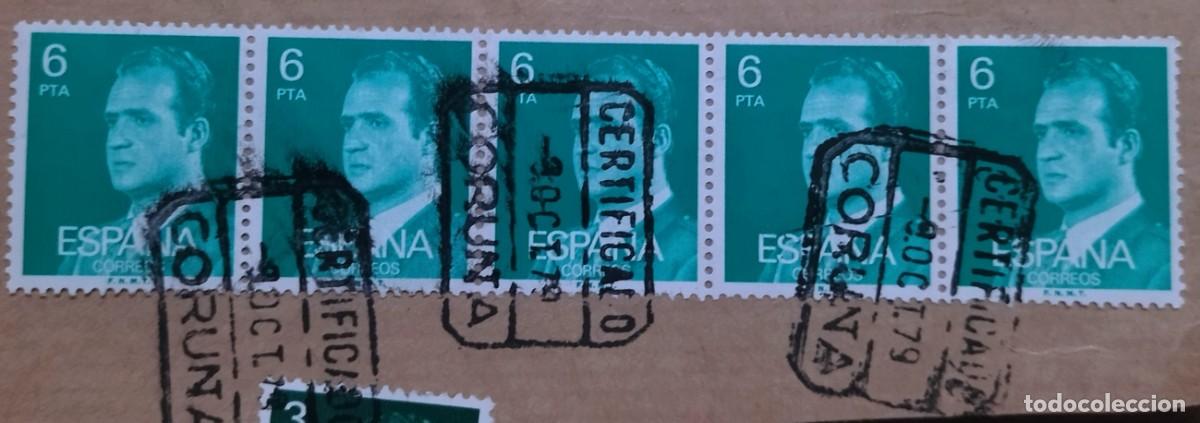 Sellos: FRAGMENTO FECHADOR LA CORU&Ntilde;A 9-OCT- 79 CERTIFICADO SOBRE TIRA DE 6 SELLOS 6 PTS JUAN CARLOS. USADO.