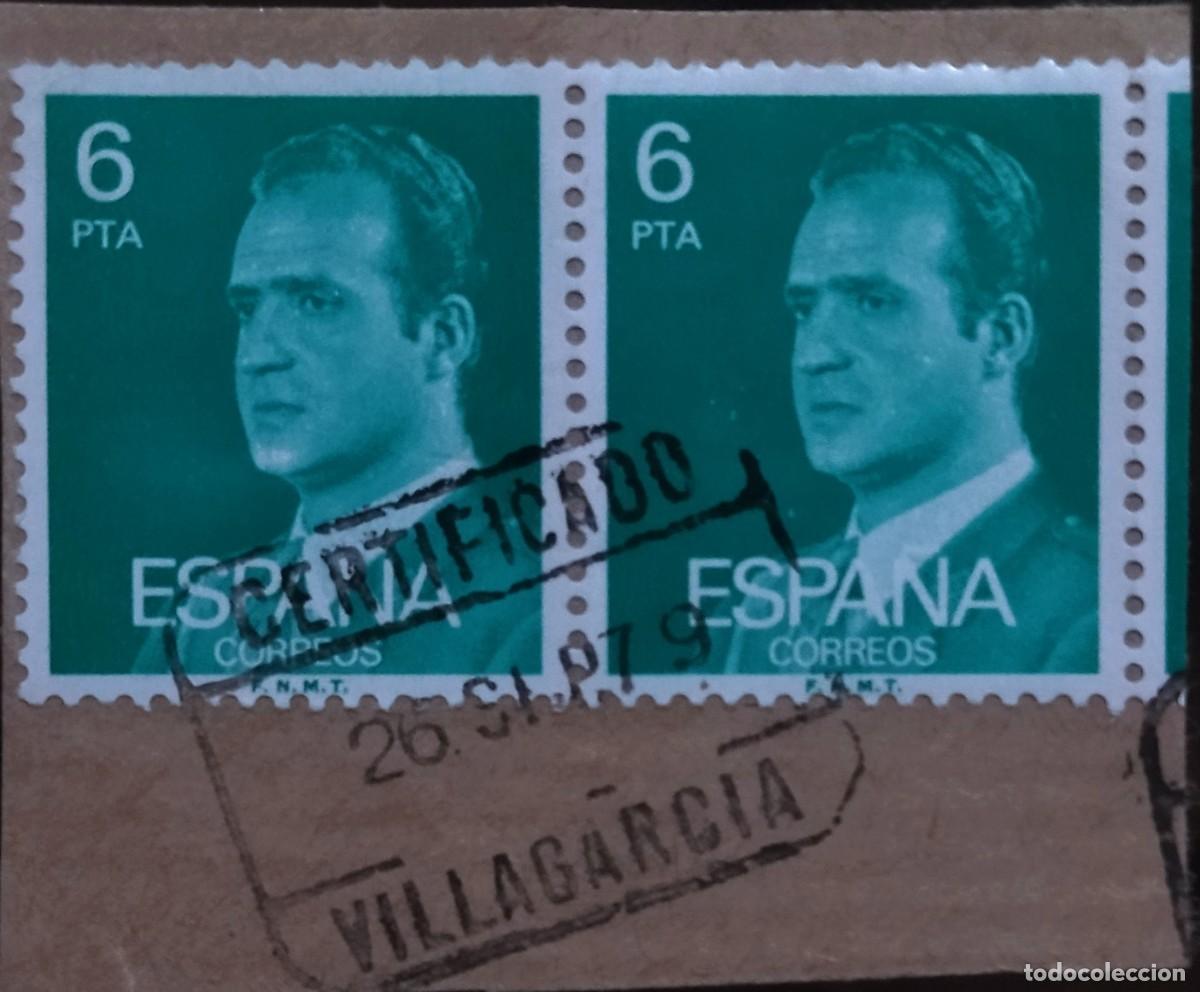 Sellos: FRAGMENTO FECHADOR VILLAGARC&Iacute;A 20-SEP-79 CERTIFICADO SOBRE PAREJA 6 PTS JUAN CARLOS. USADO.