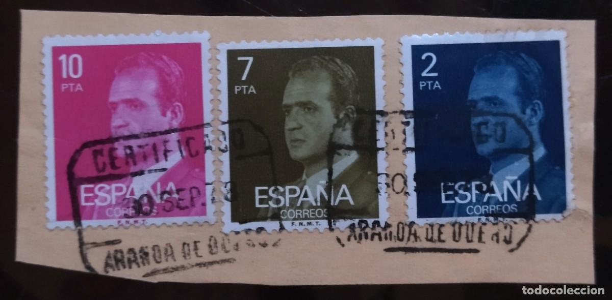 Sellos: FRAGMENTO FECHADOR ARANDA DE DUERO 30-SEP-78 CERTIFICADO SOBRE FRANQUEO TRICOLOR JUAN CARLOS. USADO.