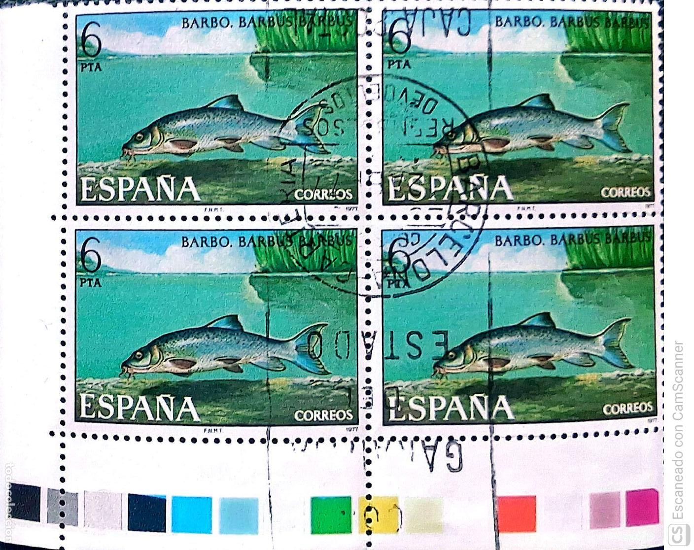 Sellos: Espa&ntilde;a. 2407 Fauna Hisp&aacute;nica: Barbo, en bloque de cuatro. El sello inferior derecha no tiene pie de