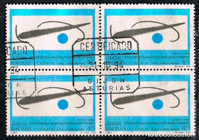 Sellos: EDIFIL 3250, Joan Miro: Fusses, usado en bloque de 4, BONITO MATASELLO DE GIJON, MUY CLARO