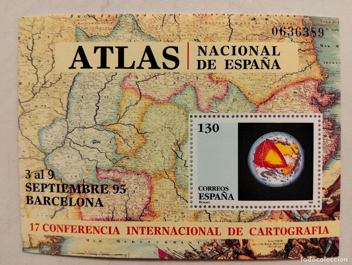Sellos: HOJA BLOQUE, 17 CONFERENCIA INTERNACIONAL DE CARTOGRAFIA, ATLAS NACIONAL DE ESPA&Ntilde;A, A&Ntilde;O 1995