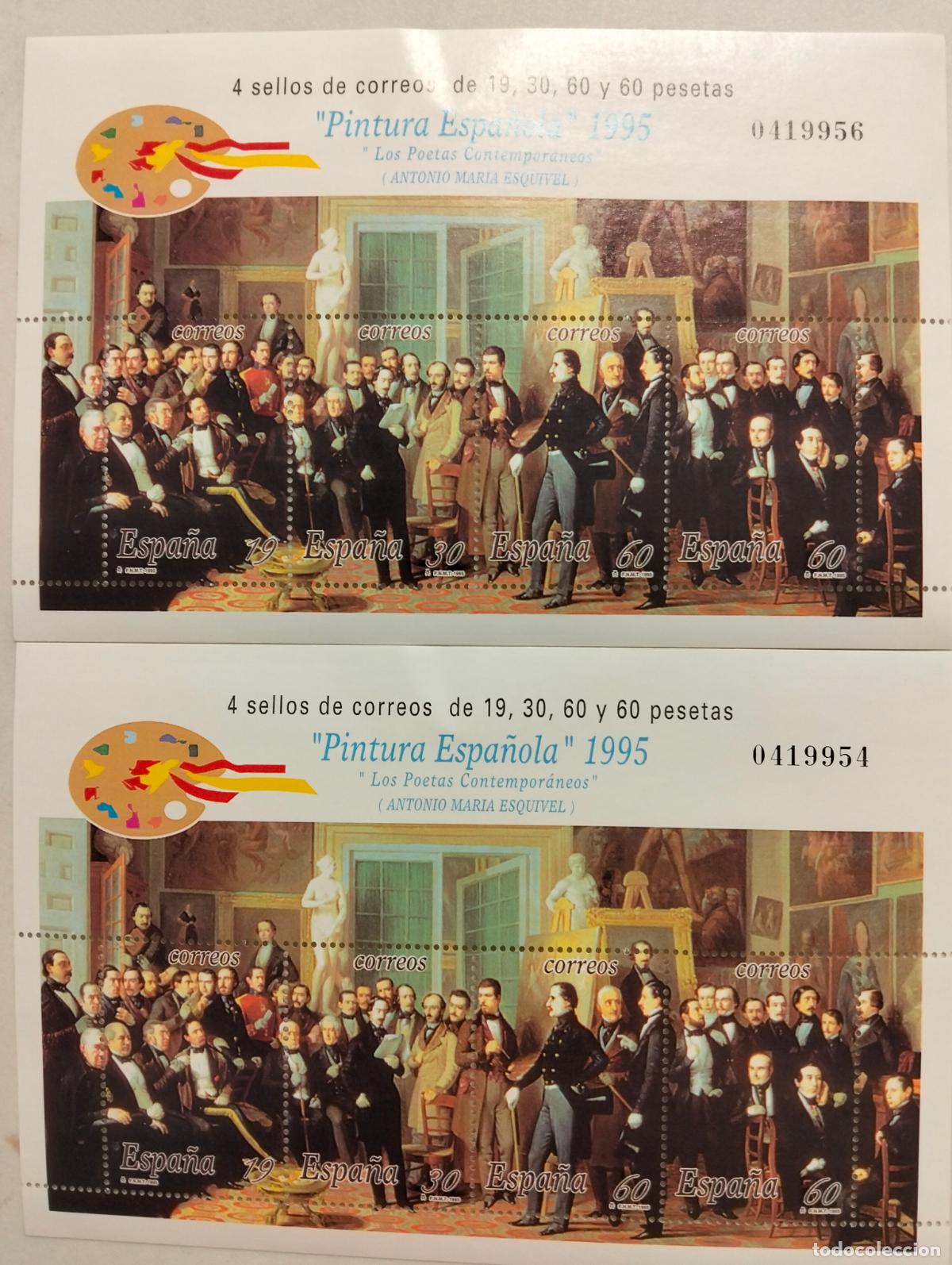 Sellos: 2 HOJAS BLOQUE, PINTURA ESPA&Ntilde;OLA 1995, LOS POETAS CONTEMPORANEOS