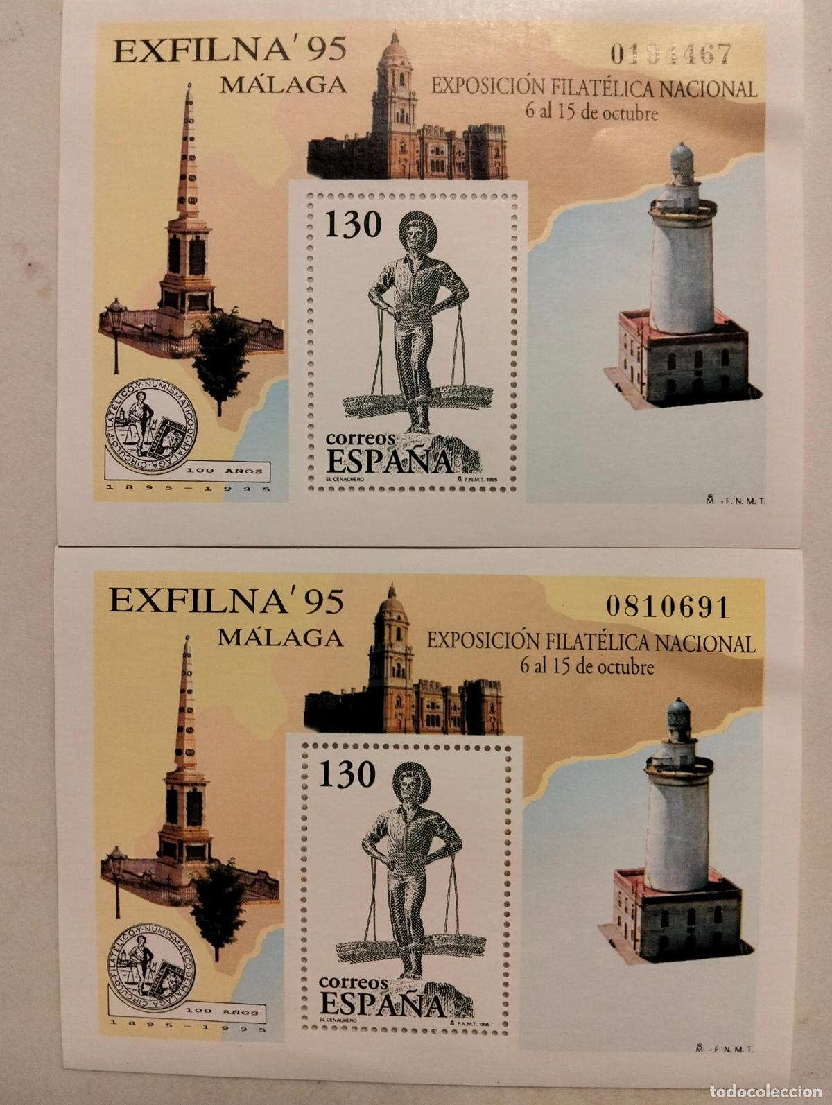 Sellos: 2 HOJAS BLOQUE, EXPOSICION FILATELICA NACIONAL, EXFILNA 1995, MALAGA