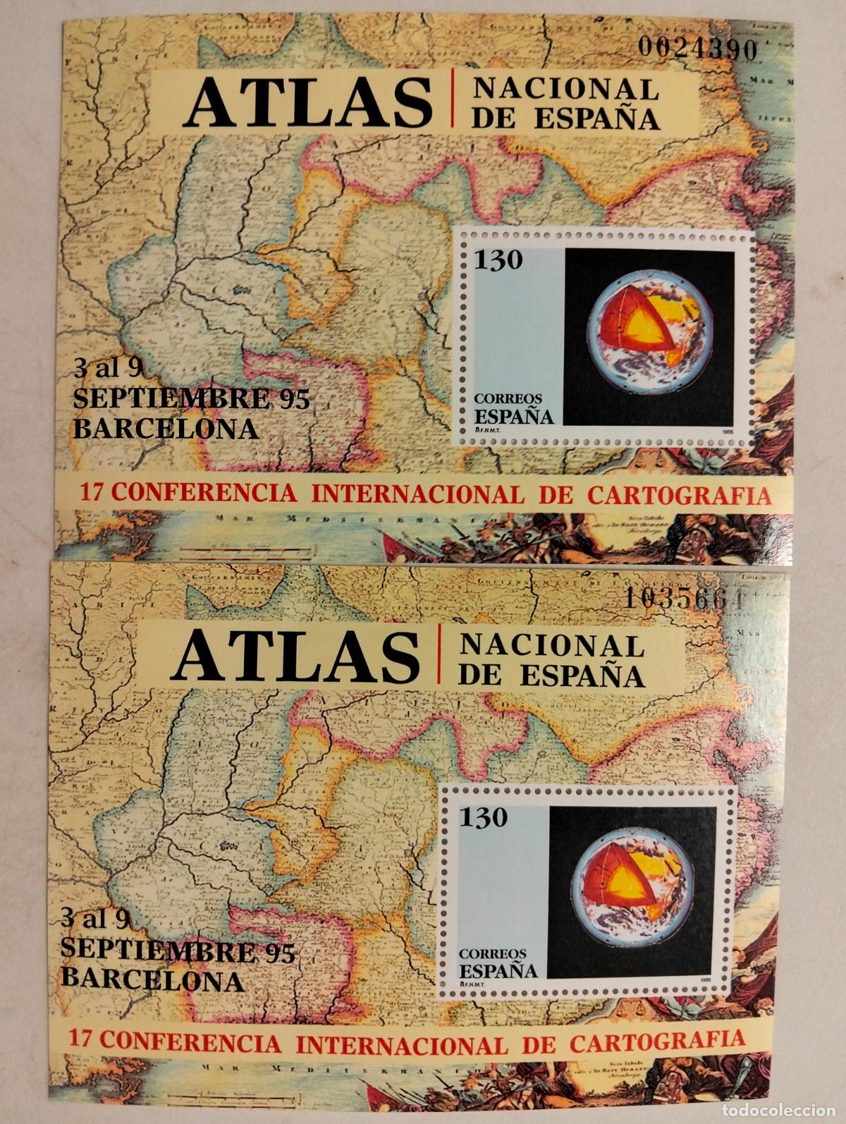 Sellos: 2 HOJAS BLOQUE, 17 CONFERENCIA INTERNACIONAL DE CARTOGRAFIA, ATLAS NACIONAL DE ESPA&Ntilde;A,