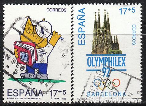 Sellos: EDIFIL 3218/9, COBY, MASCOTA DE LOS JUEGOS OLIMPICOS DE BARCELONA Y OLYMPHILEX, USADO SERIE COMPLETA