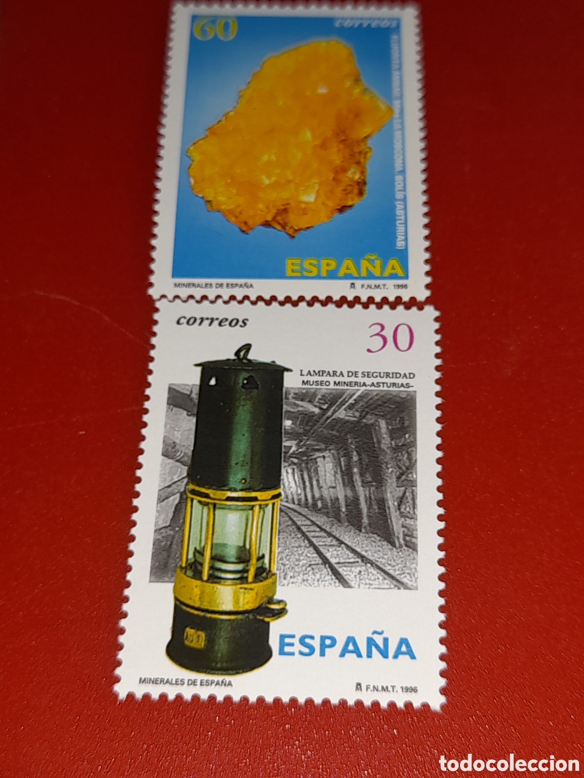 Sellos: Sello Espa&ntilde;a nuevo 1996. Minerales. Mina. L&aacute;mpara. Fluorita. Rocas. Geolog&iacute;a. Museo.