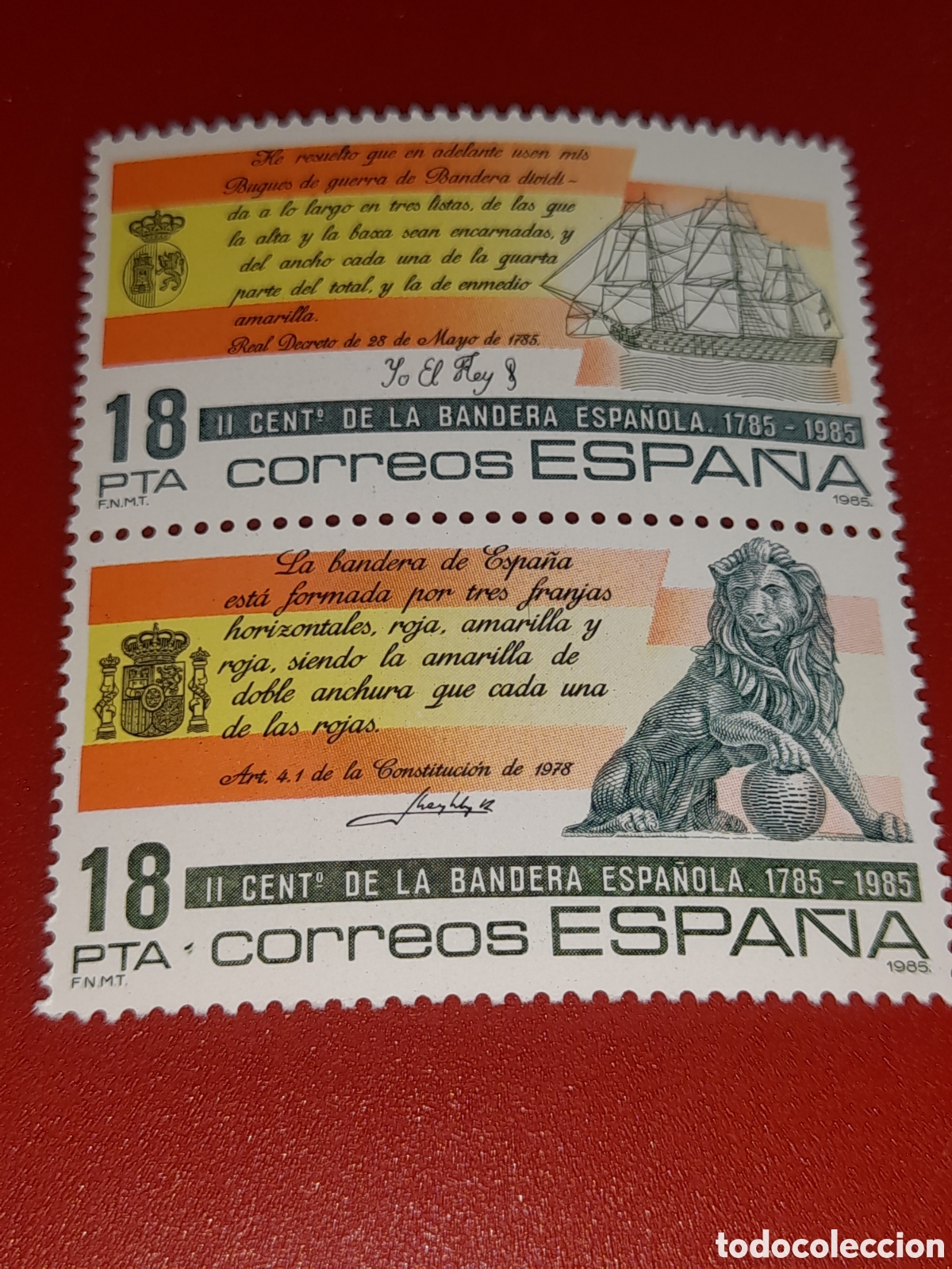 Sellos: Sello Espa&ntilde;a nuevo 1985. 200Aniv bandera. Le&oacute;n. Forja. Artesan&iacute;a. Barco. Velero. Escudo armas.