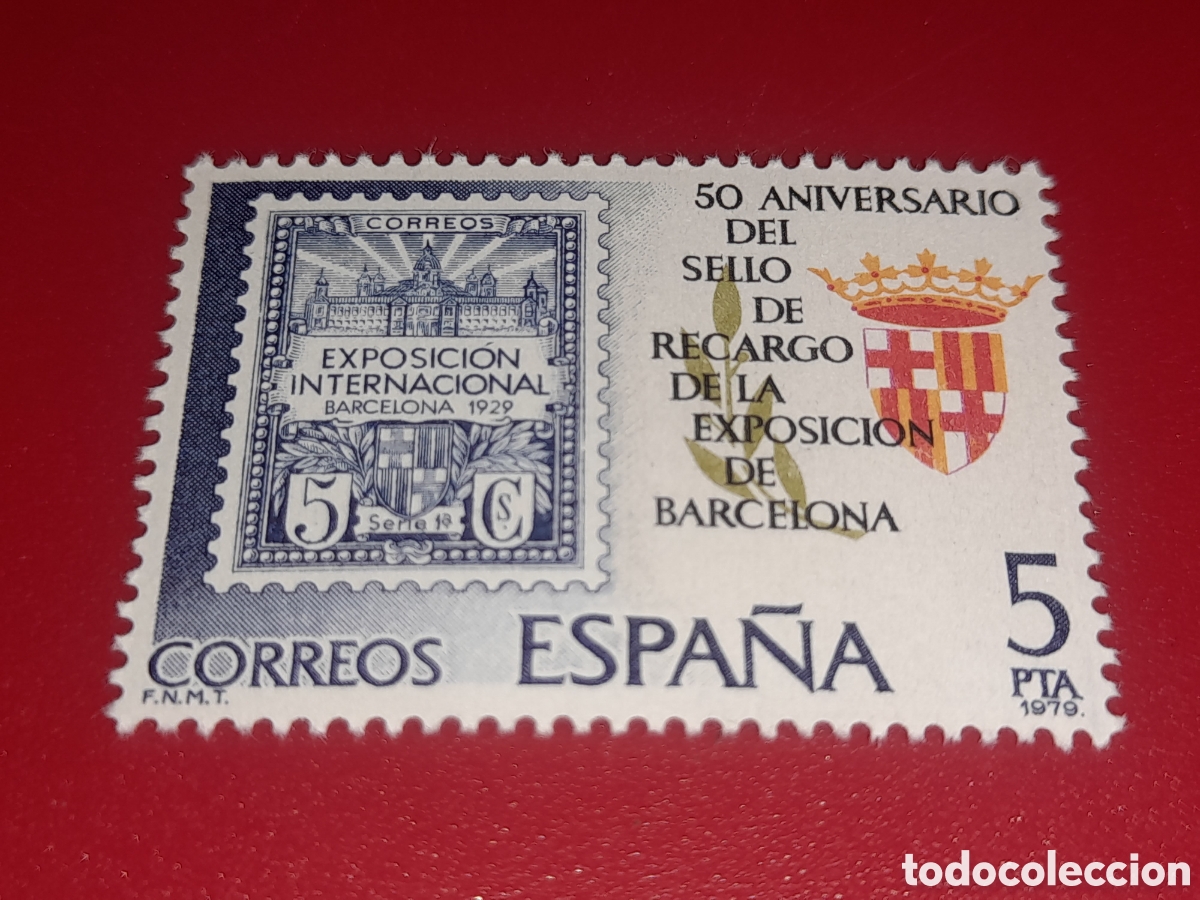 Sellos: Sello Espa&ntilde;a nuevo 1979. 50Aniv emisi&oacute;n sello recargo. Escudo armas. Exp. Arquitectura. Historia. A