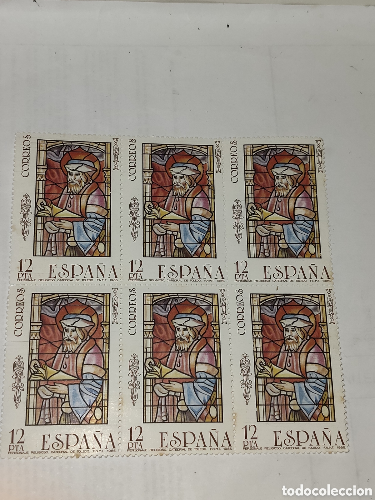 Sellos: Bloque de 6 sellos de Espa&ntilde;a vidrieras art&iacute;sticas 1985