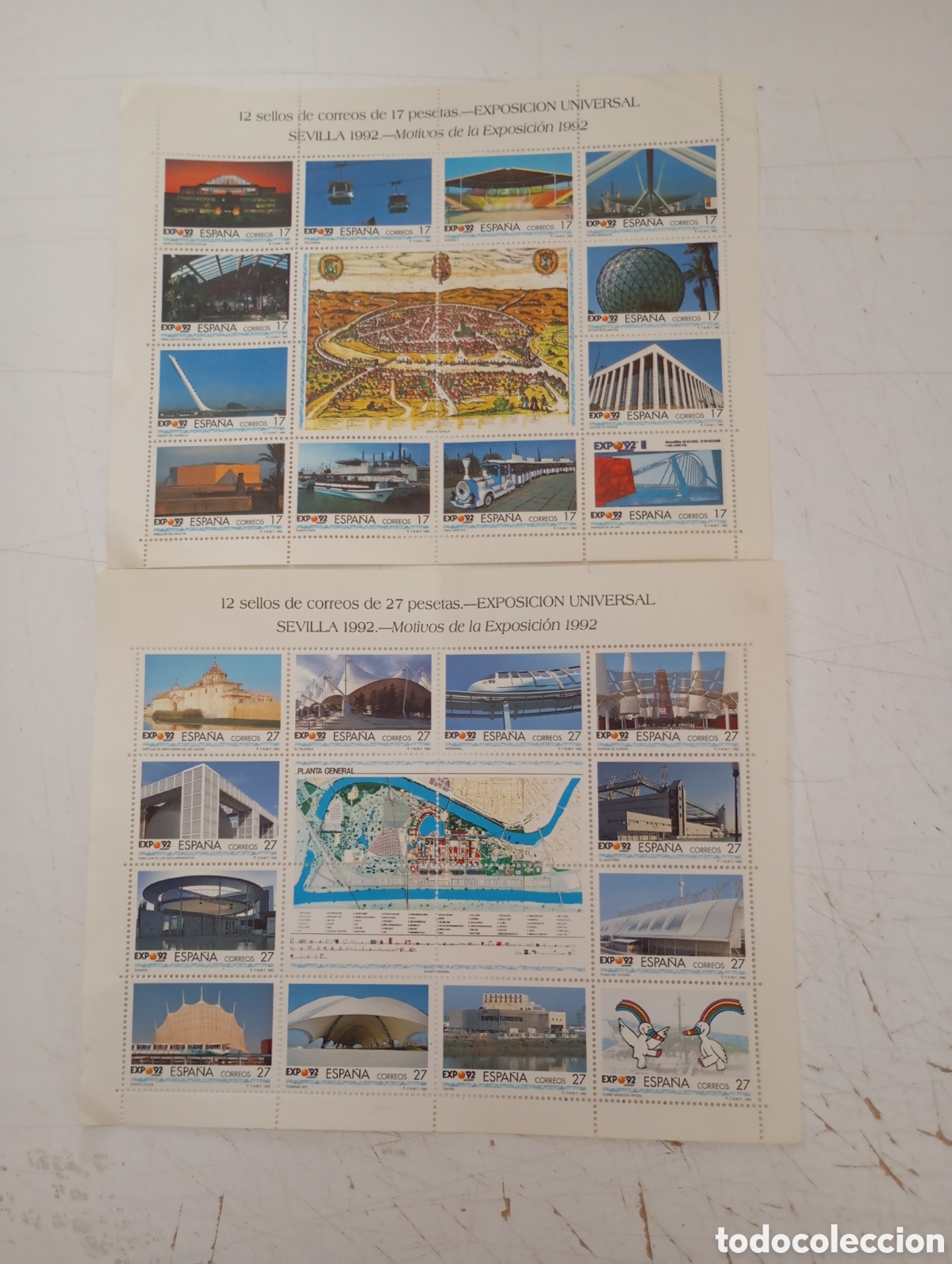 Sellos: EXPOSICI&Oacute;N UNIVERSAL SEVILLA 1992 - DOS PLIEGOS DE 12 SELLOS CADA UNO