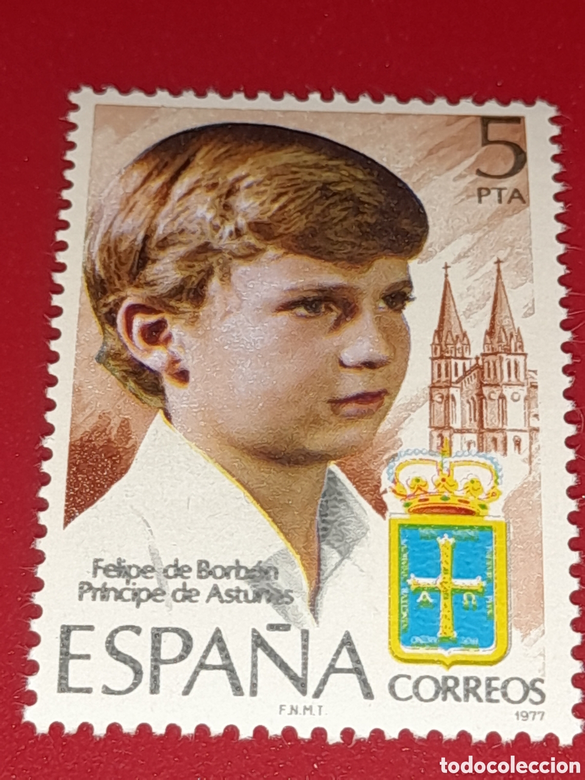 Sellos: Sello Espa&ntilde;a nuevo 1977. Principe Felipe Borb&oacute;n. Pr&iacute;ncipe Asturias. Catedral. Escudo armas.