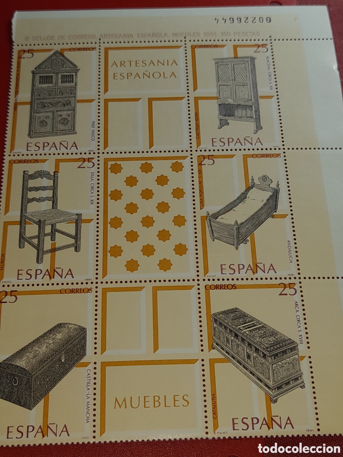 Sellos: HB Espa&ntilde;a nuevo 1991. Artesania. Madera. Carpinter&iacute;a. Arte. Muebles. Silla. Ba&uacute;l. Cu&ntilde;a. Armario.