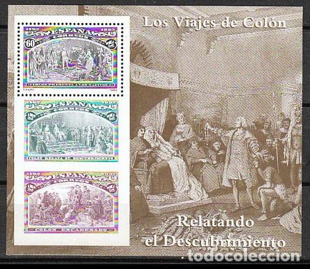 Sellos: EDIFIL 3208, 5&ordm; CENT&ordm; DEL DESCUBRIMEINTO DE AMERICA, COLON PRESENTA A NATIVO, NUEVO *** HOJA BLOQUE