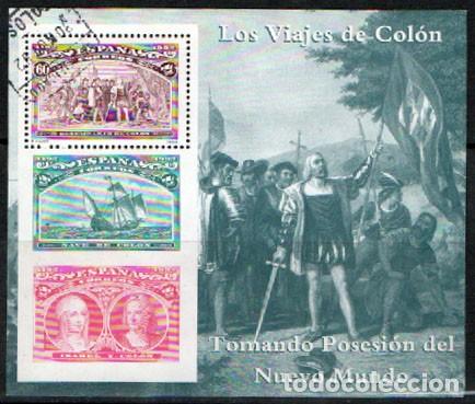 Sellos: EDIFIL 3207, 5&ordm; CENT&ordm; DEL DESCUBRIMEINTO DE AMERICA, DESEMBARCO DE COLON, USADO DE LUJO,HOJA BLOQUE