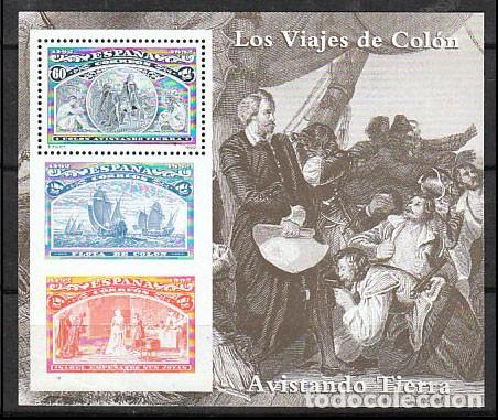 Sellos: EDIFIL 3206, 5&ordm; CENT&ordm; DEL DESCUBRIMEINTO DE AMERICA, COLON AVSTANDO TIERRA, NUEVO *** HOJA BLOQUE