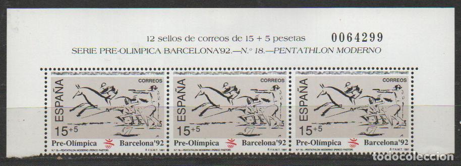 Sellos: Edifil n&ordm; 3104 olimpiadas de BARECELONA 1992 PENTATLON MODERNO NUEVO ** 3 SELLOS ENCABECERA DE HOJA