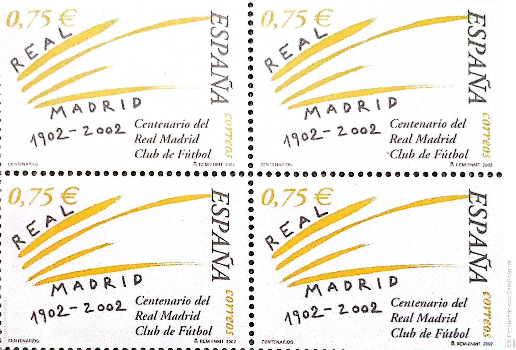 Sellos: Espa&ntilde;a. 3880 Centenario del Real Madrid Club de F&uacute;tbol, en bloque de cuatro. 2002. Sellos nuevos y