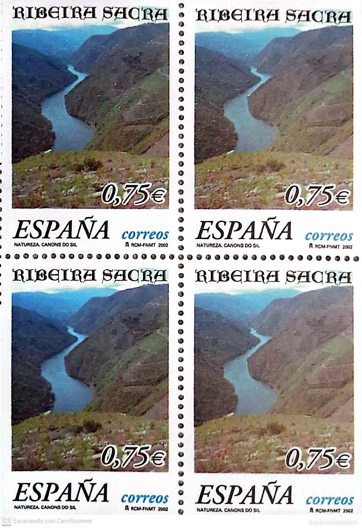Sellos: Espa&ntilde;a. 3884 Naturaleza: Ribeira Sacra y Ca&ntilde;ones del Sil (Galicia), en bloque de cuatro. 2002. Sell